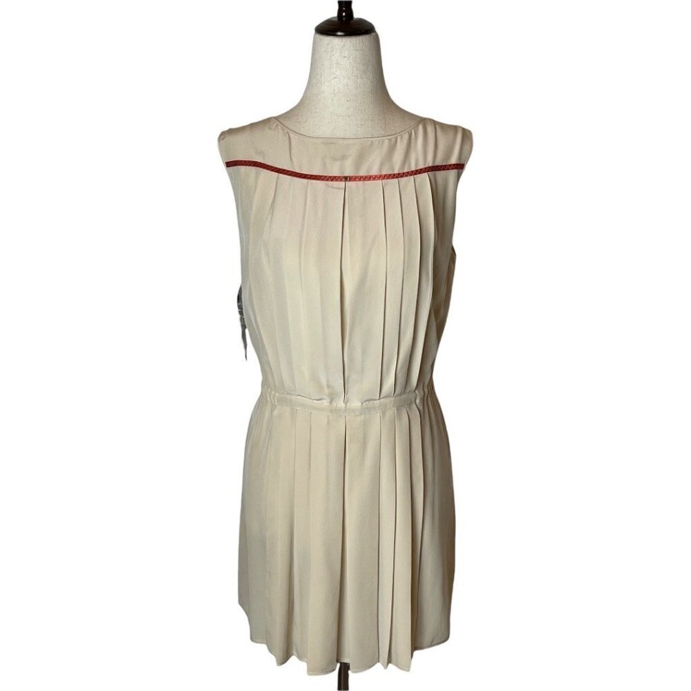 MaxMara Falesia Cream And Red Trim Silk Pleated Hi Lo Hem Tunic Blouse Size 6